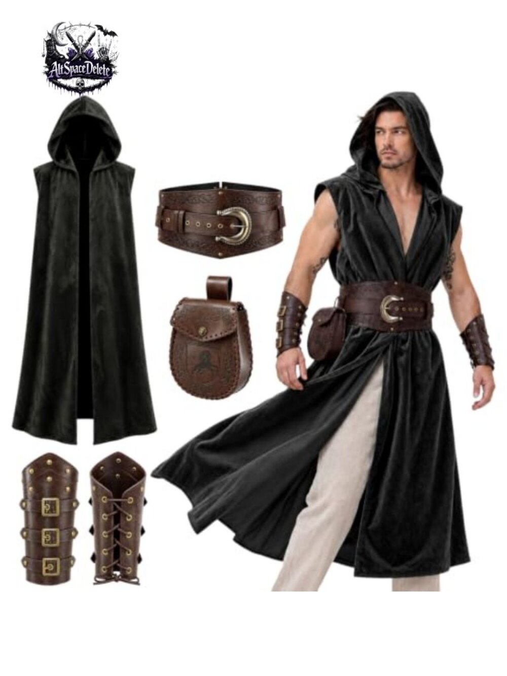 Renaissance Costume Set Medieval Hooded Surcoat Belt Bracers Pouch